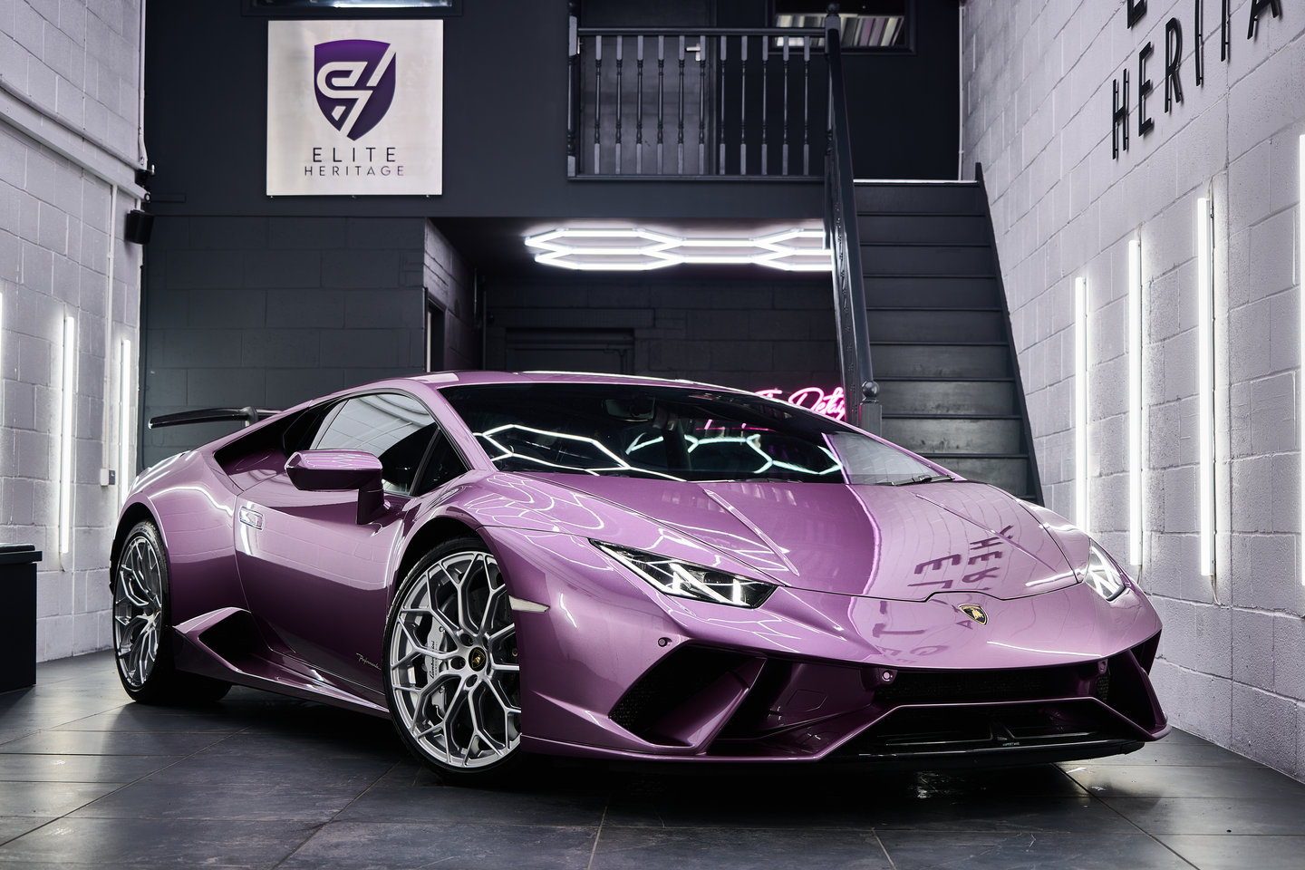 Previously sold purple Lamborghini Huracán in the Elite Heritage showroom